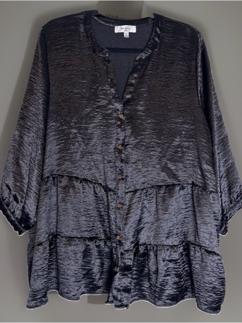 Moa Moa Women Black Crinkle Metallic Baby Doll 3/4 Sleeve Blouse Women 1XL